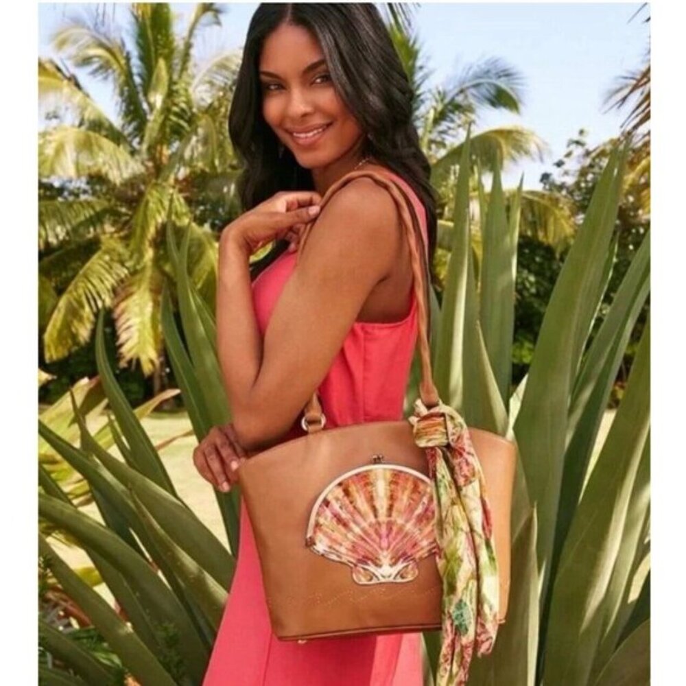 Patiricia Nash Zorita Tooled Seashell Tan Leather Shoulder Bag Scarf Naturale